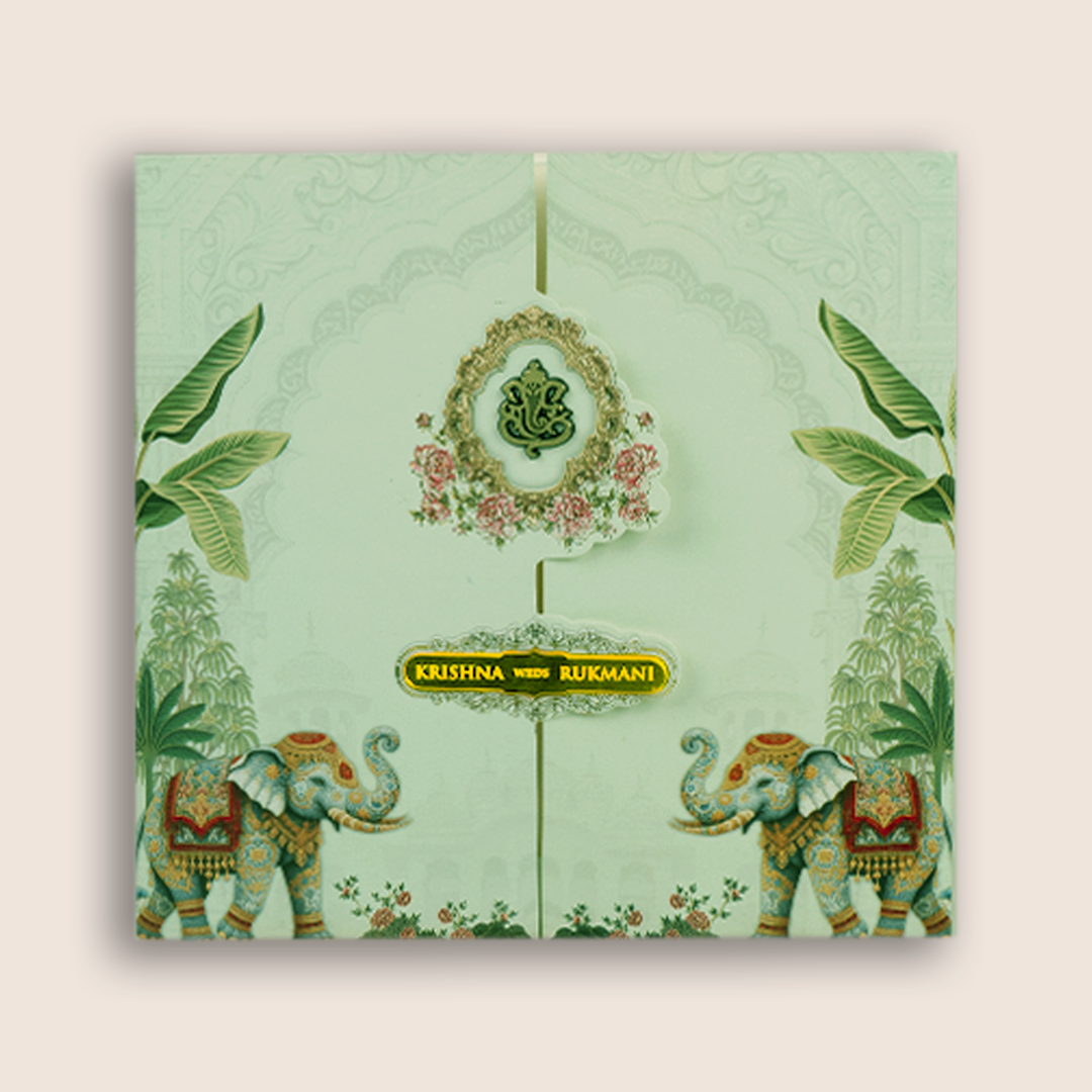 Pastel Green Royal Elephant Wedding Invitation Card - KJTS1864