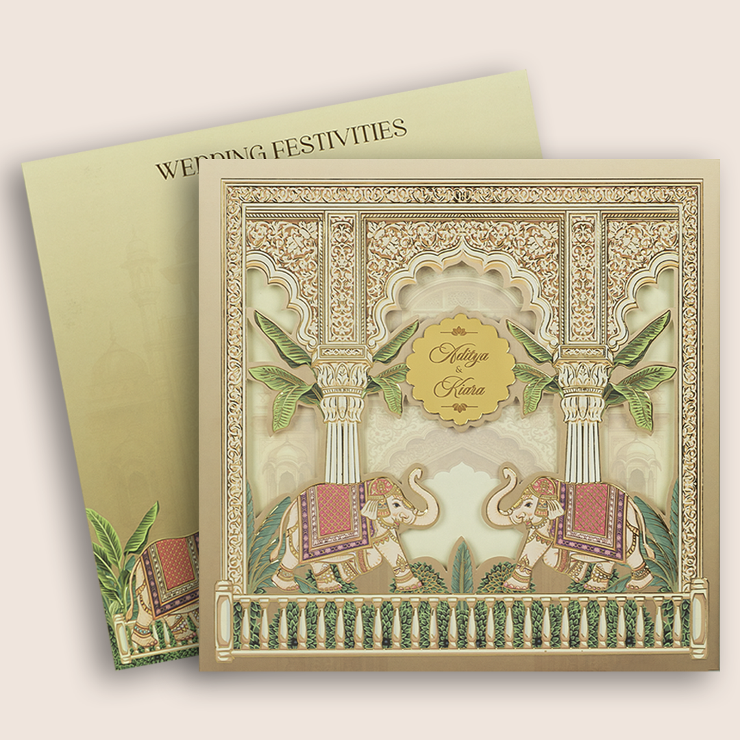 Beige Elephant Laser Cut Padded Marriage Card - KFR17450