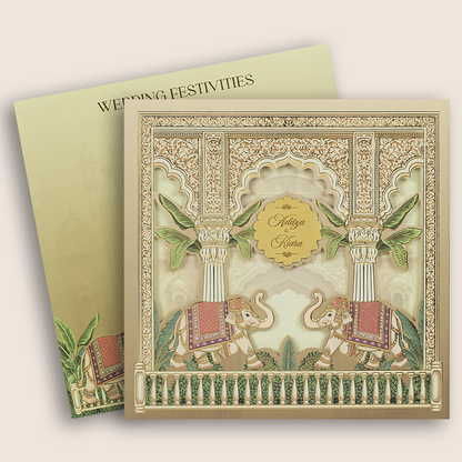 Beige Elephant Laser Cut Padded Marriage Card - KFR17450