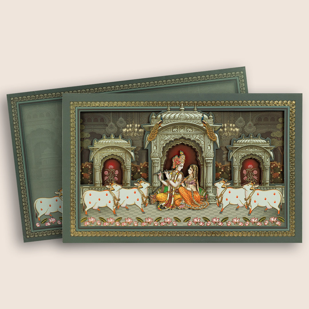 Grey Lord Radha Krishna Laser Cut Padded Marriage Card - KRE28870