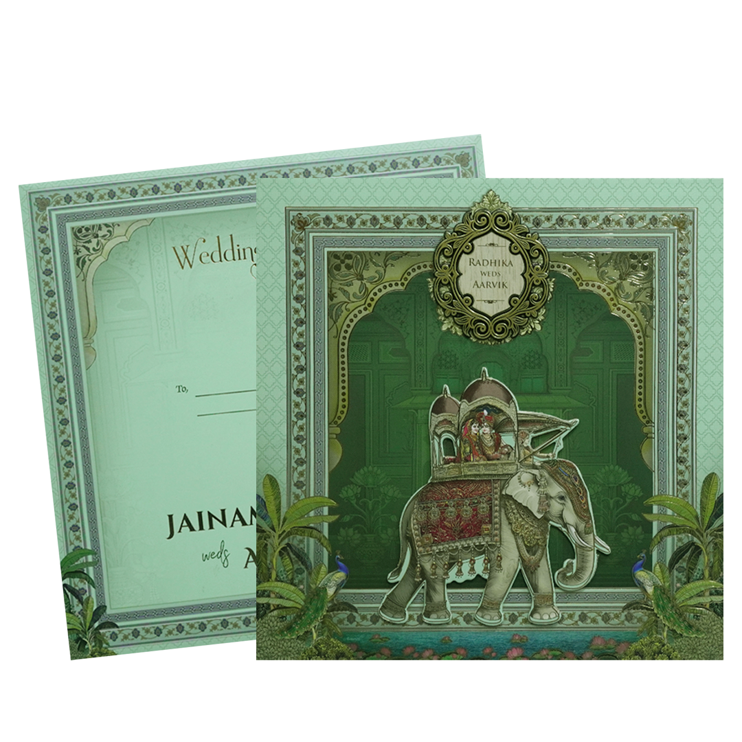 Green Royal Elephant Padded Wedding Card - KSH72650