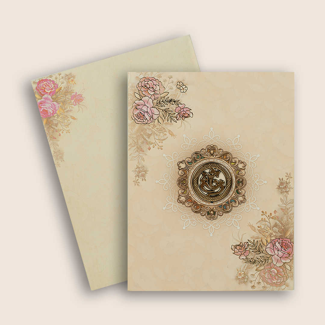 Cream Ganesha Floral Wedding Card - KNKC4071