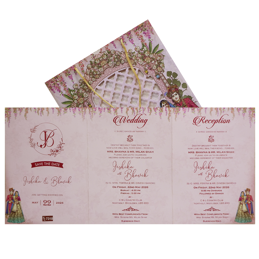 Royal Pink Couple Peacock Bag Wedding Card - KSH73180