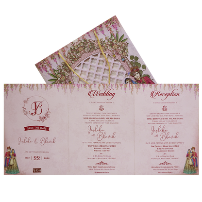 Royal Pink Couple Peacock Bag Wedding Card - KSH73180