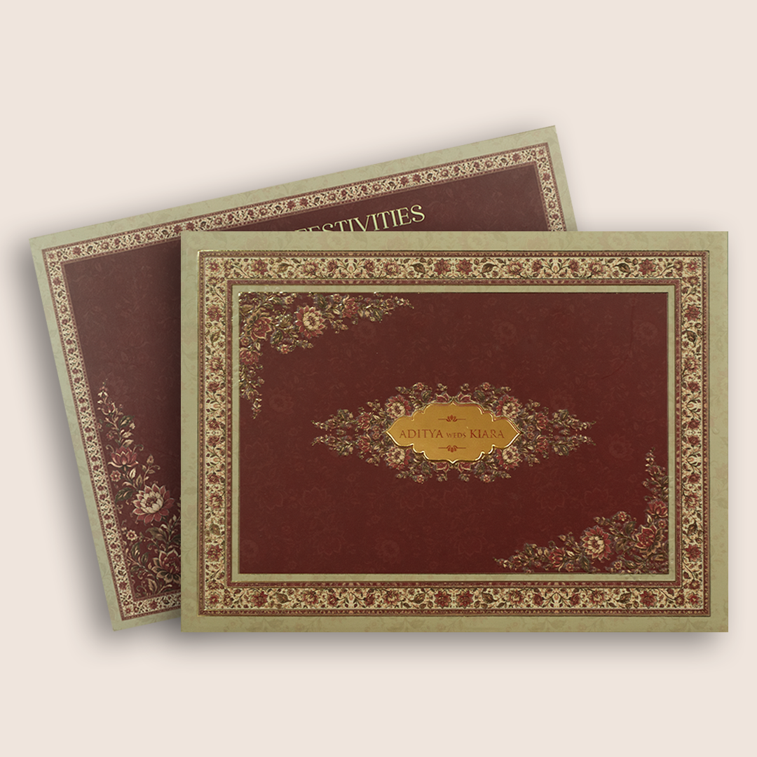 Brown Embossed Floral Padded Wedding Card - KFR17480