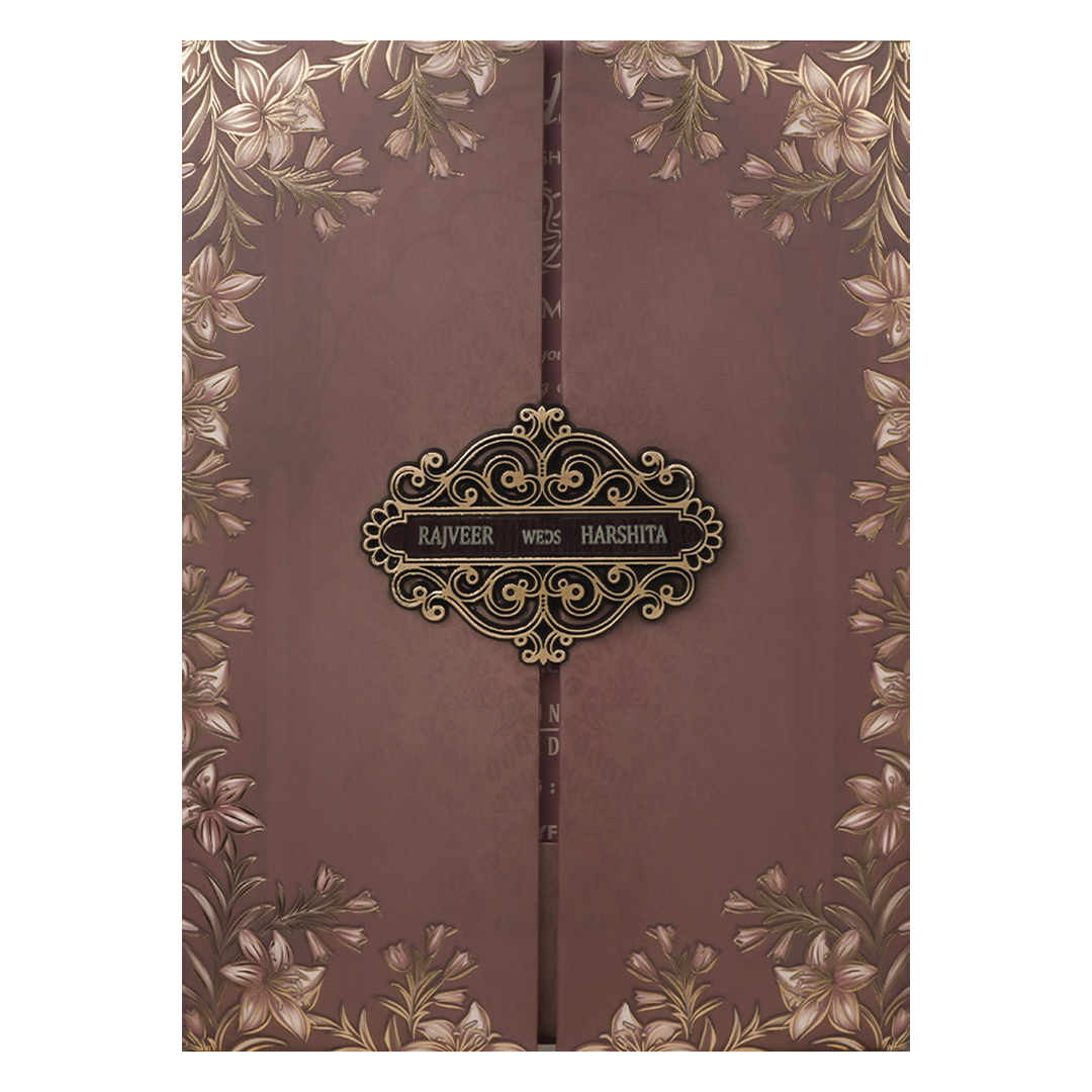 Brown Gold Floral Padded Wedding Card-KJTS1824