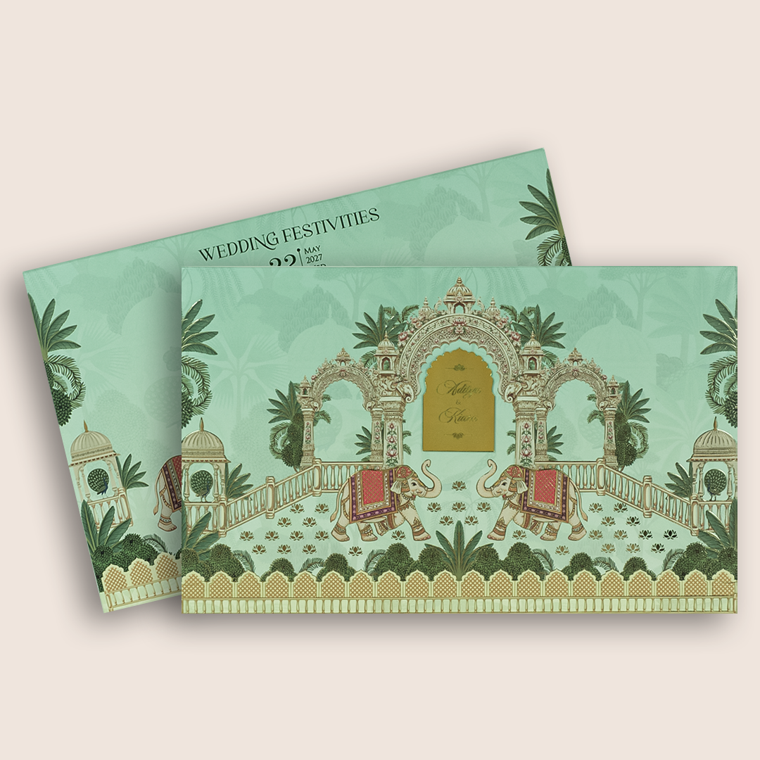 Pastel Green Embosses Elephant Padded Wedding Card - KFR17410