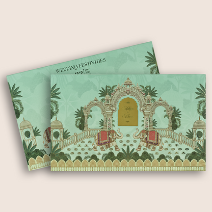 Pastel Green Embosses Elephant Padded Wedding Card - KFR17410