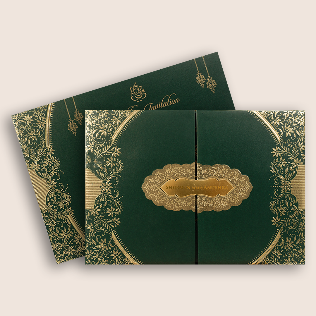 Green Floral Door Style Padded Wedding Invitation - KRB10491