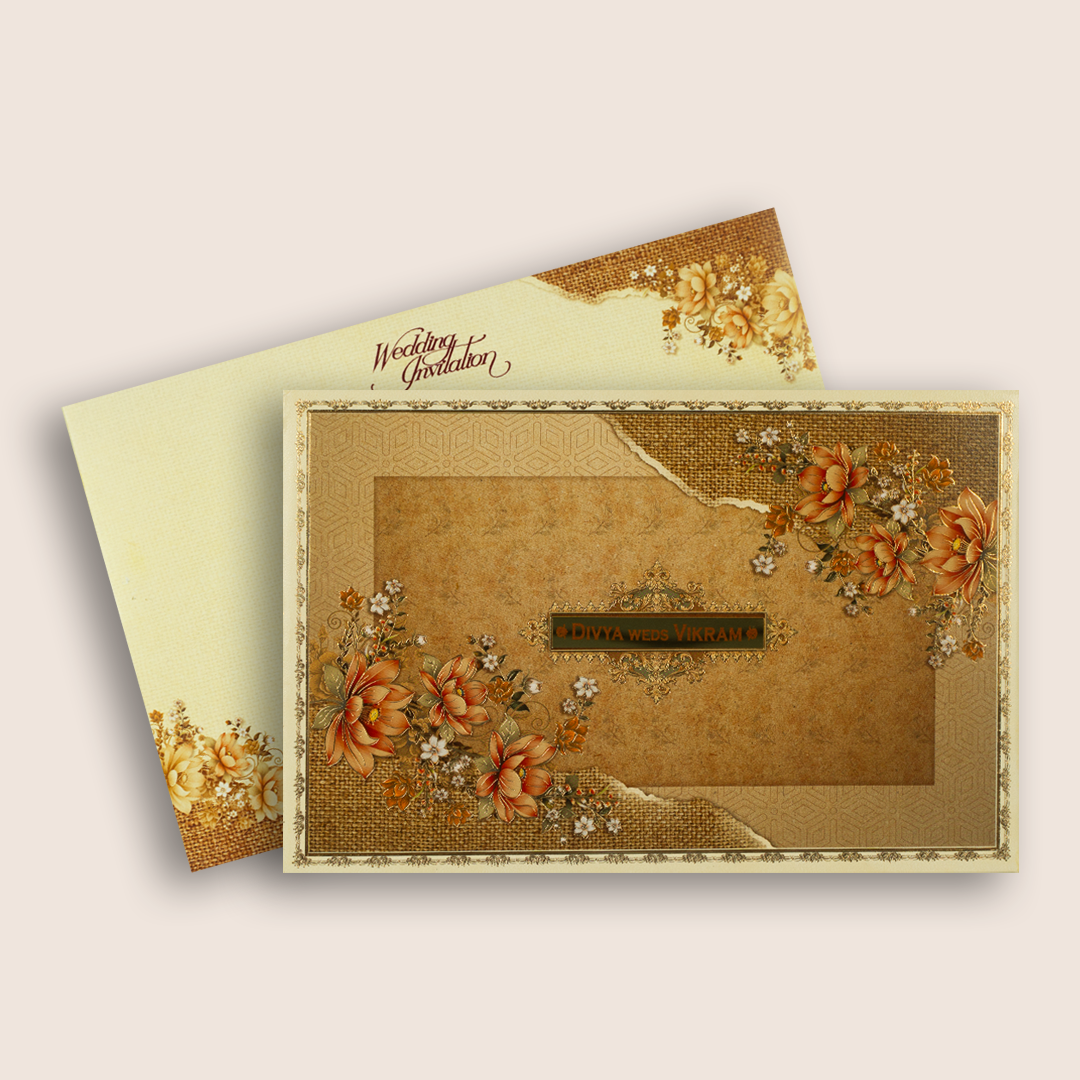Beige Floral Padded Wedding Invitation Card - KNAK4704