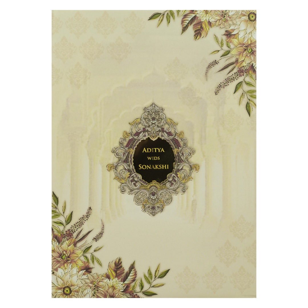 Cream Floral Palace Arch Padded Wedding Card-KRE26540