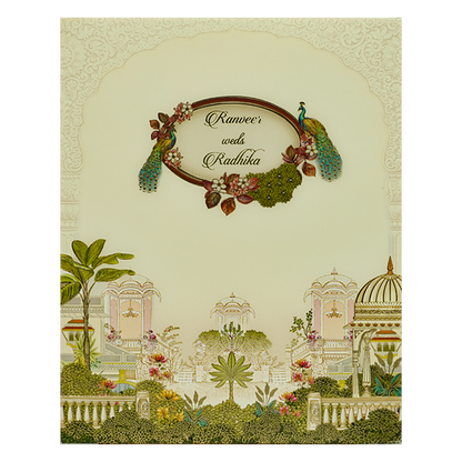 Cream Peacock Jharokha Padded Premium Wedding Card - KAK01370