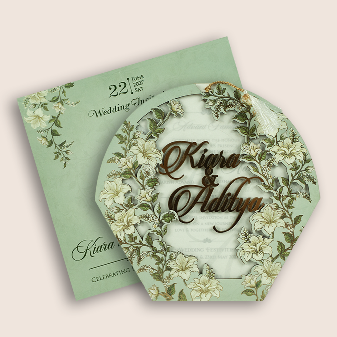 Pastel Green Floral MDF Laser Cut Wedding Card - KFR17130