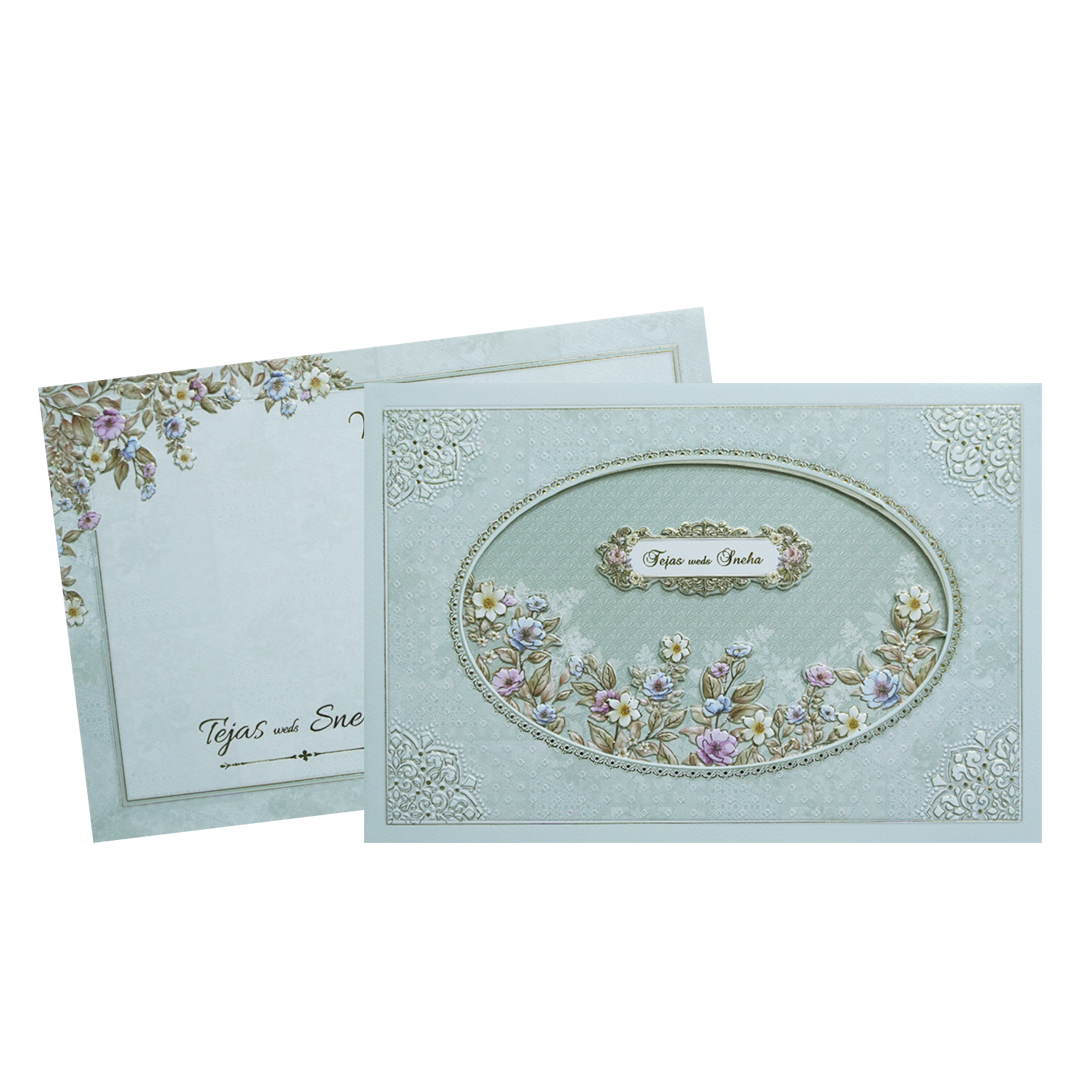 Green Laser Cut Padded Floral Embossed Wedding Card-KMMEX8090