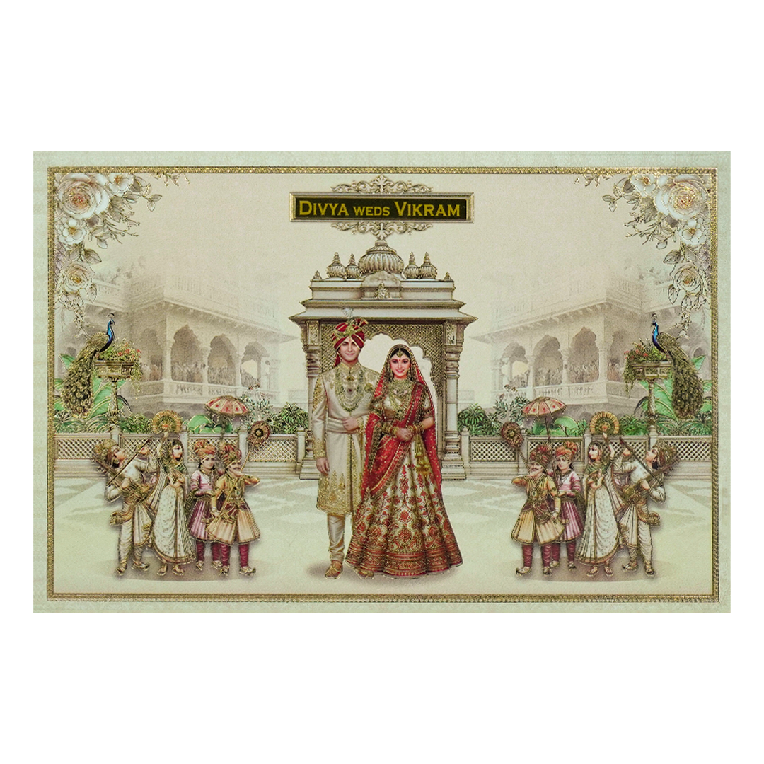 Cream Padded Palace Bride Groom Wedding Card-KNAK4702