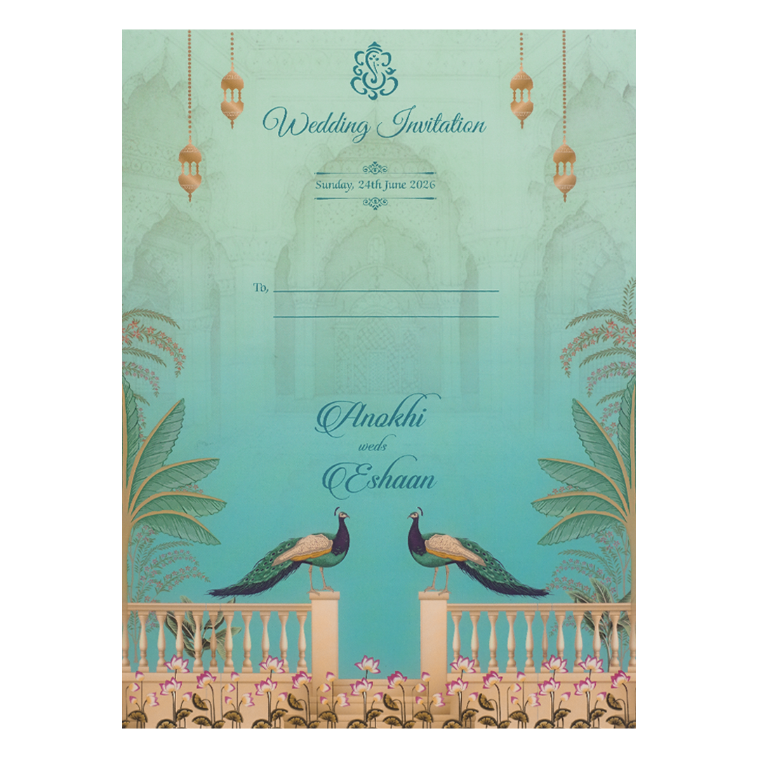 Green Peacock Door Style Padded Wedding Card-KJTS3660