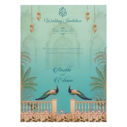 Green Peacock Door Style Padded Wedding Card-KJTS3660