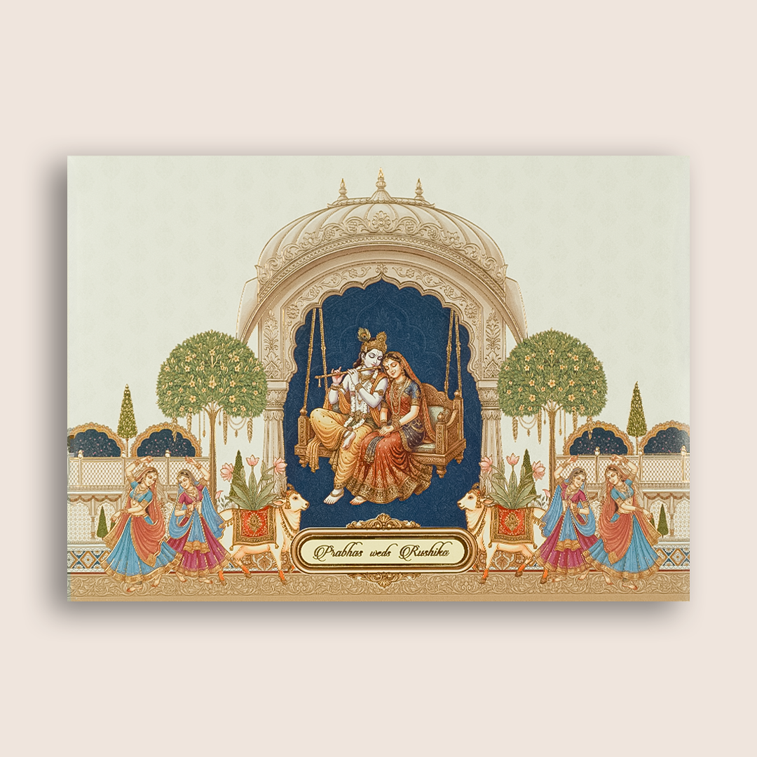 White Lord Radha Krishna Padded invitation card - KAA06160
