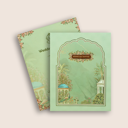 Green Floral Peacock Padded Wedding Card - KVN07710