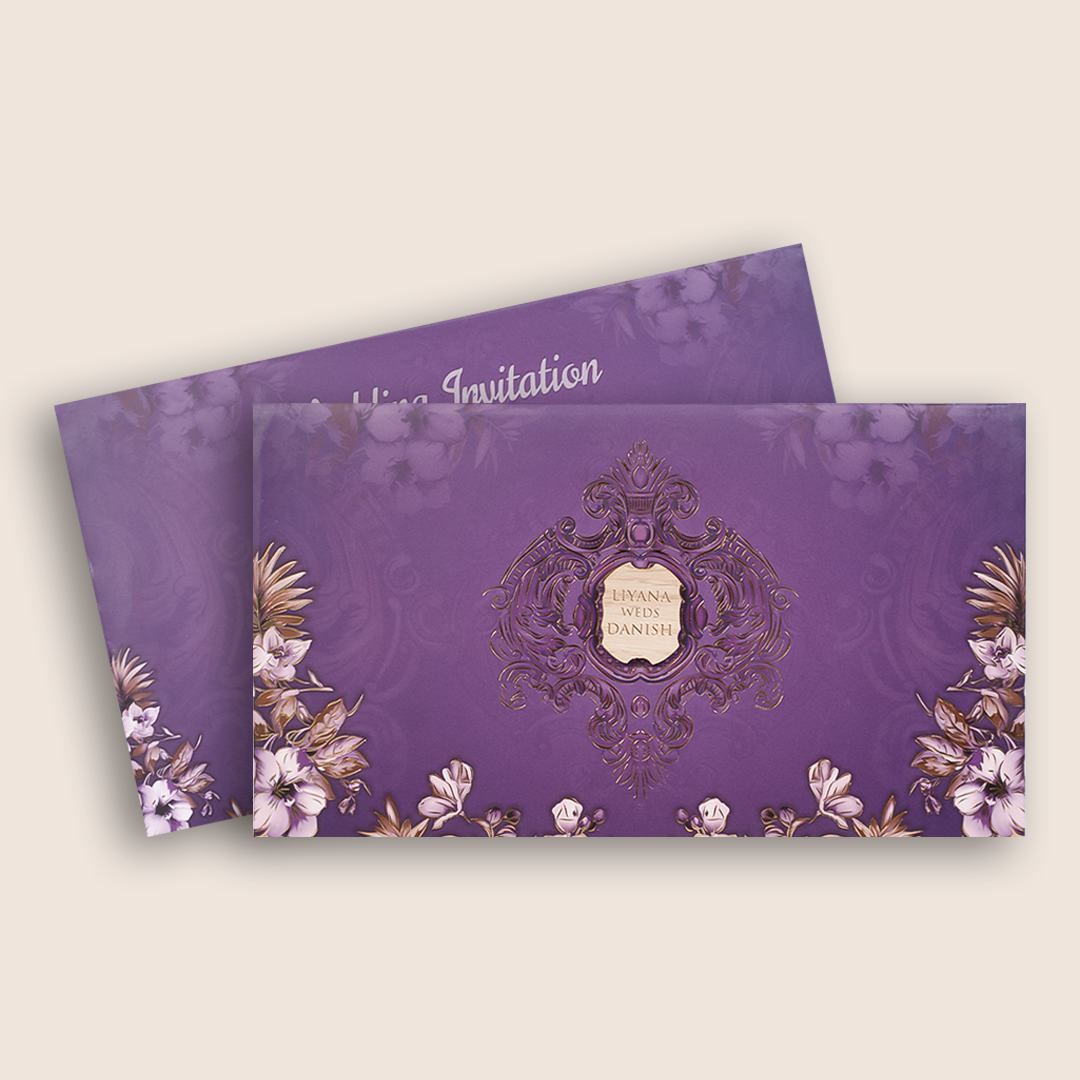 Purple Floral Three Fold Padded Wedding Card - KVN07450