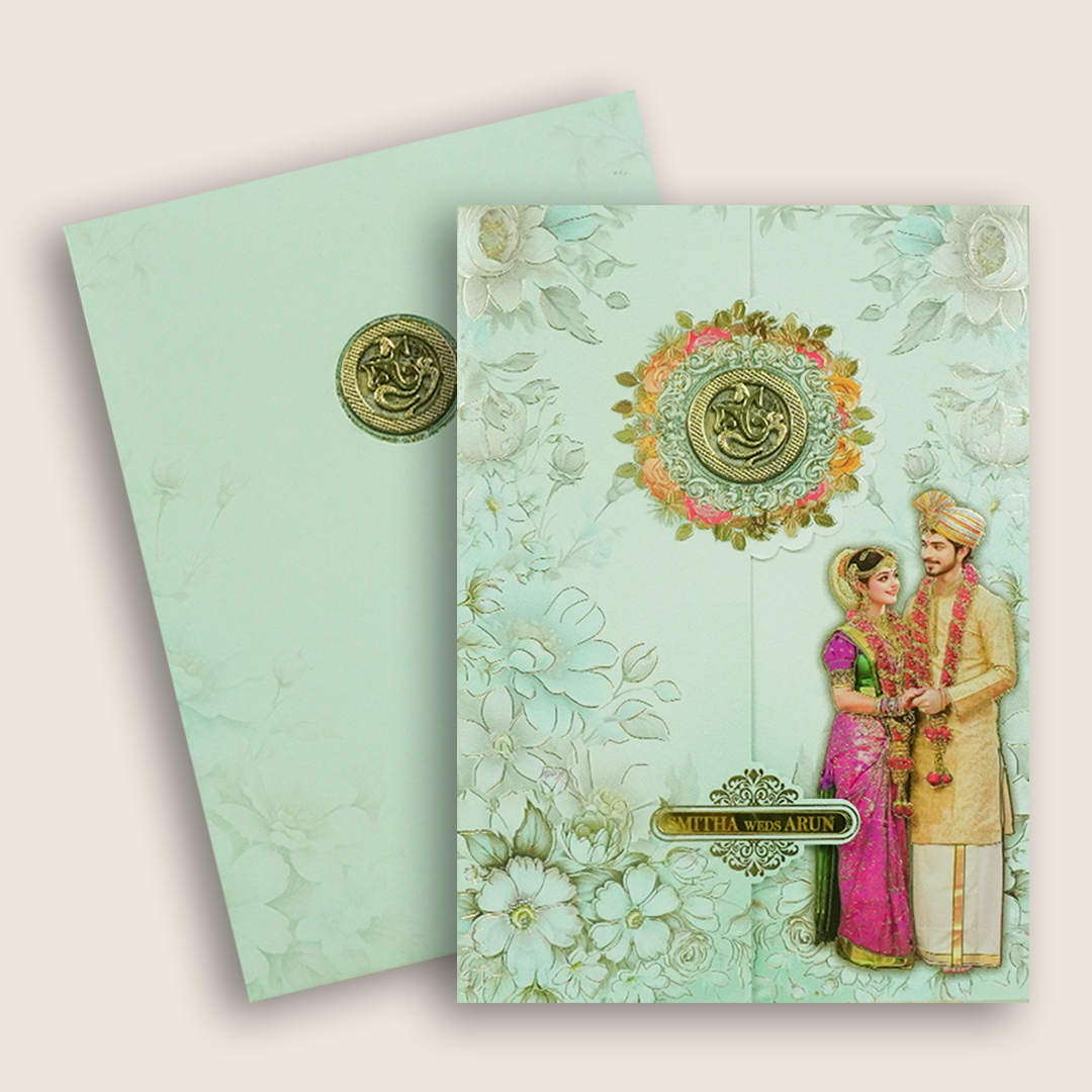 Blue South Indian Bride Groom Wedding Card - KNAR2404