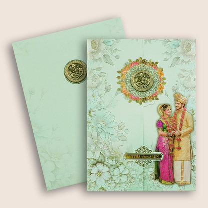 Blue South Indian Bride Groom Wedding Card - KNAR2404