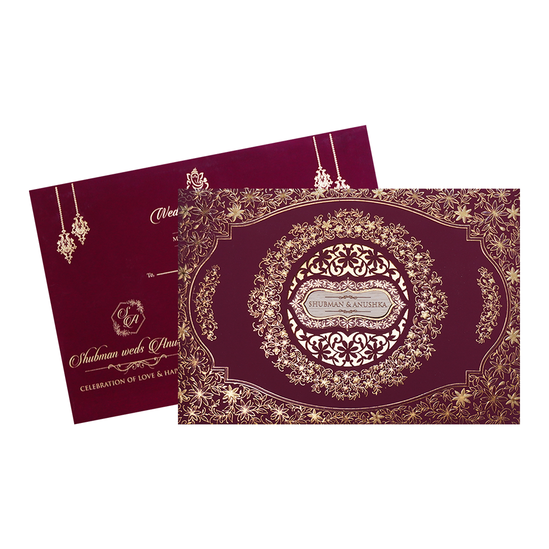 White Padded Wedding Invitation Card with Raised Gold Embossed Design-KRB09801