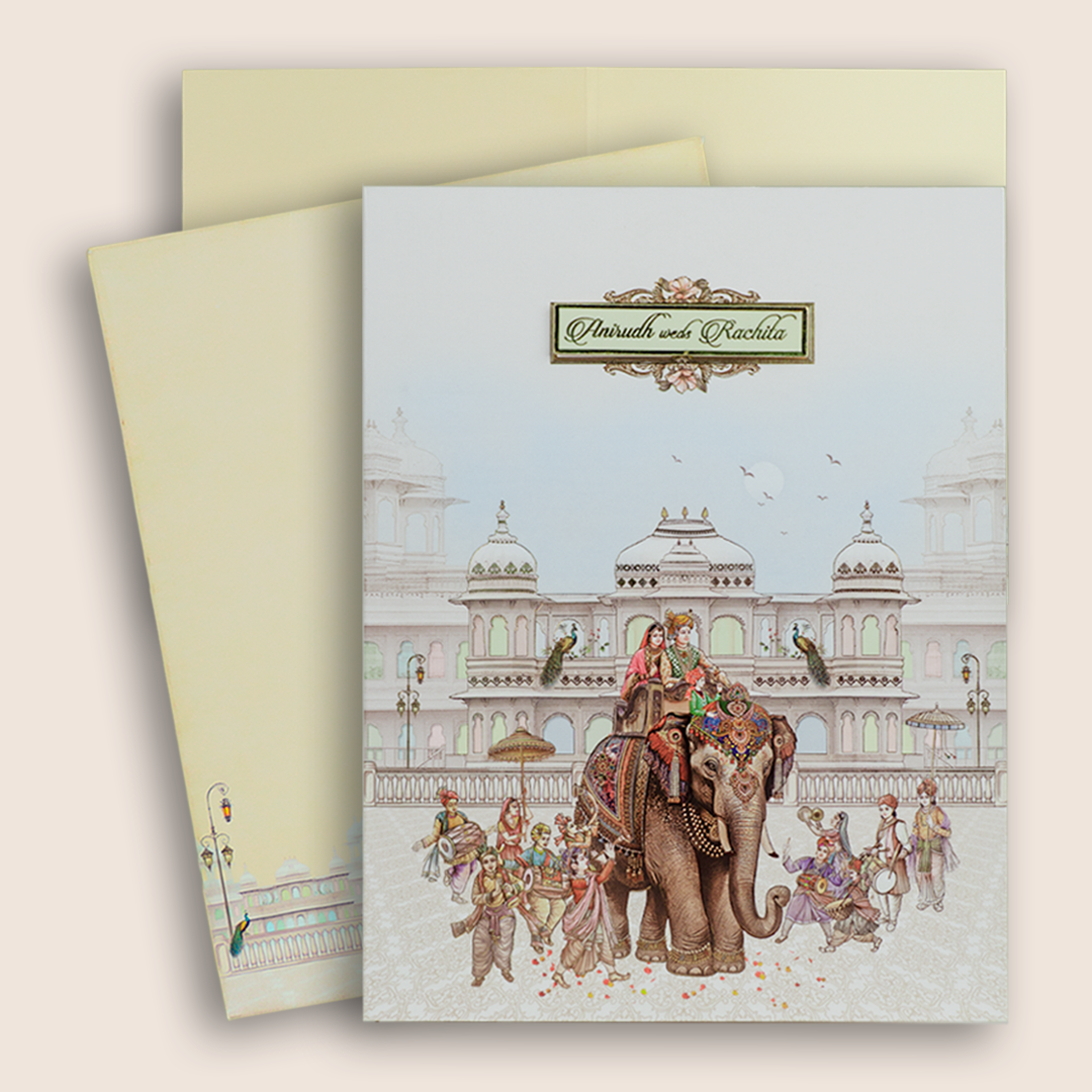 White Royal Elephant Baraat Wedding Card - KAA05140