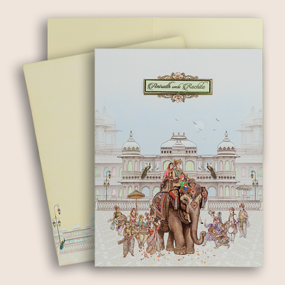 White Royal Elephant Baraat Wedding Card - KAA05140