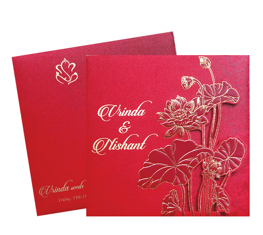 Red Lotus Laser Cut Door Style Wedding Card-KPR06110