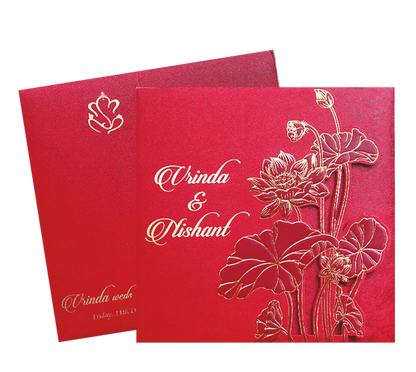 Red Lotus Laser Cut Door Style Wedding Card-KPR06110