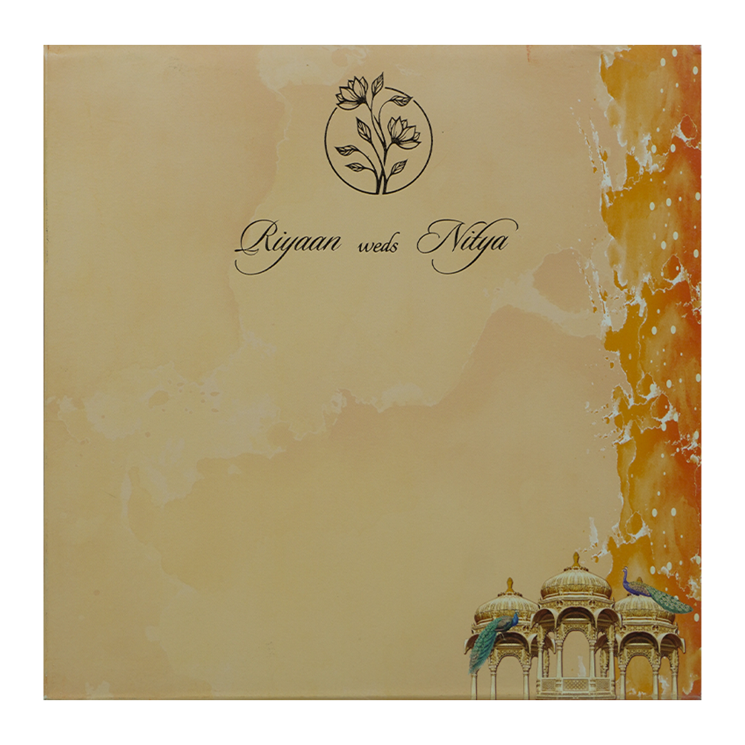 Orange Padded Peacock Palace Wedding Card-KRC31490