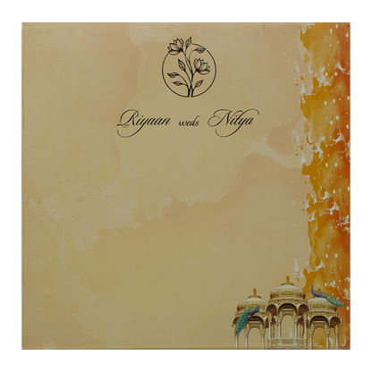 Orange Padded Peacock Palace Wedding Card-KRC31490