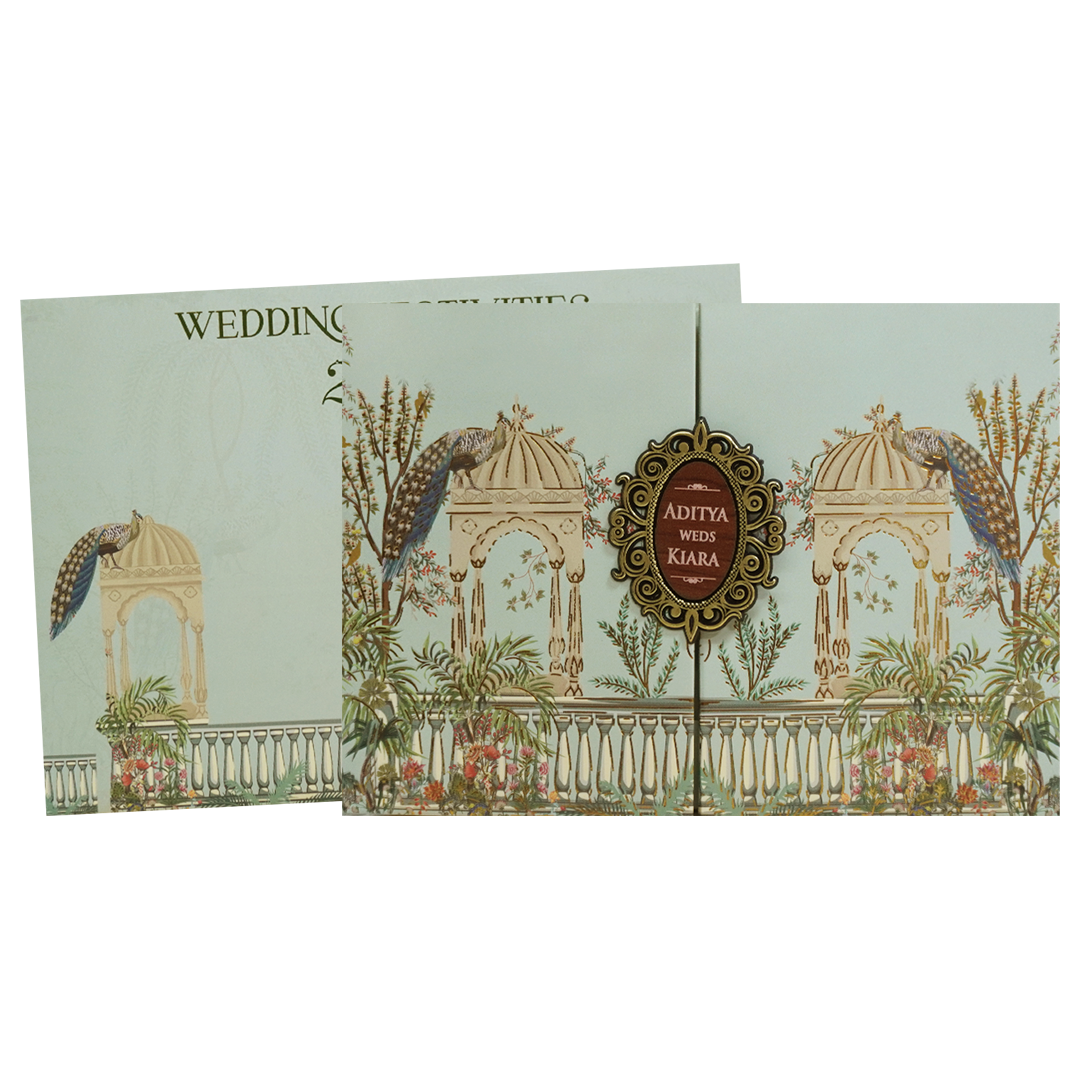 Royal Peacock Pastel Green Wedding Card - KFR16390