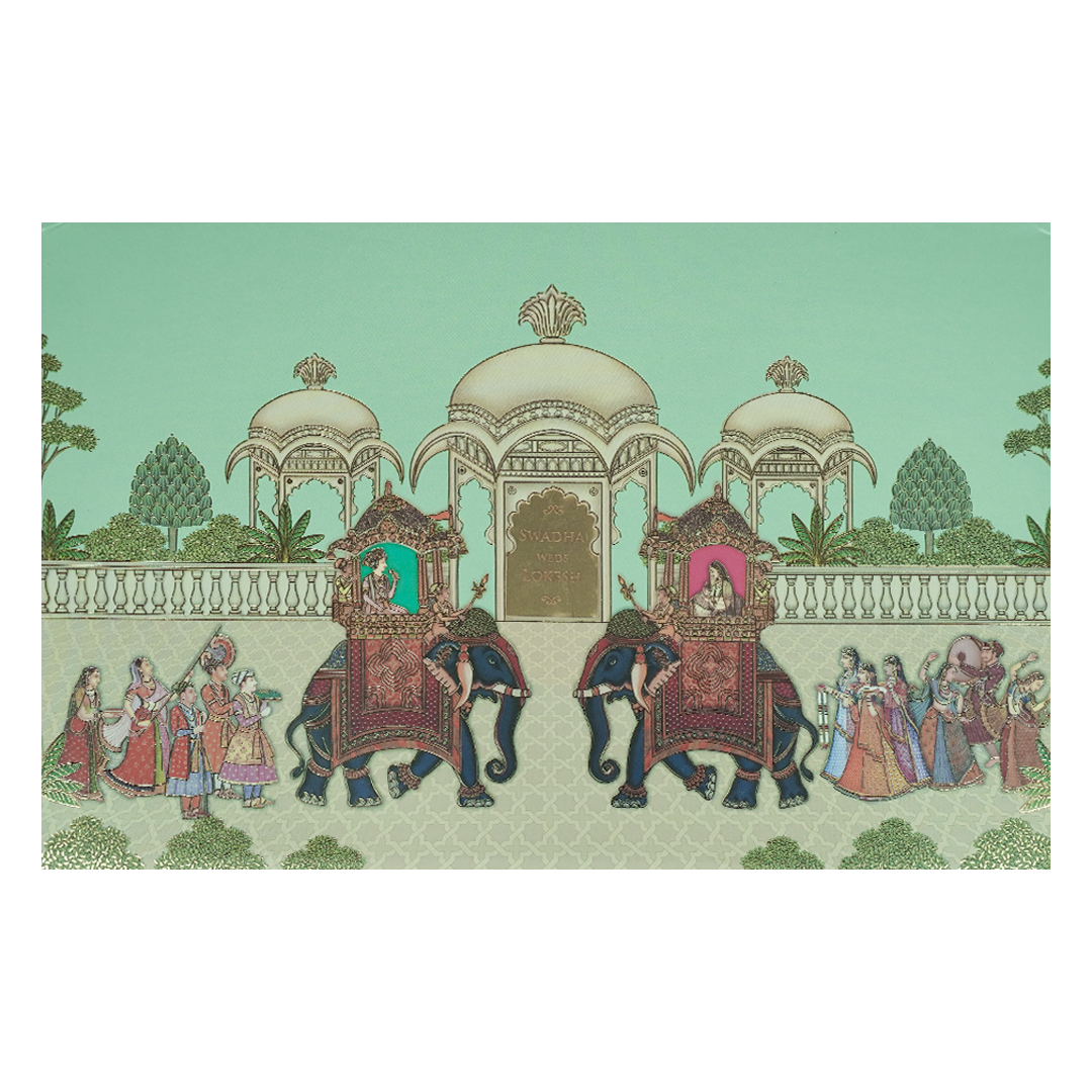Check out Mint Green Palace Elephant Padded Wedding Card at best price.WhatsApp Support|Express Delivery.