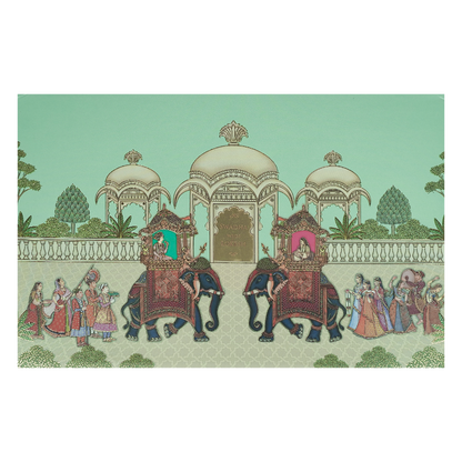 Check out Mint Green Palace Elephant Padded Wedding Card at best price.WhatsApp Support|Express Delivery.
