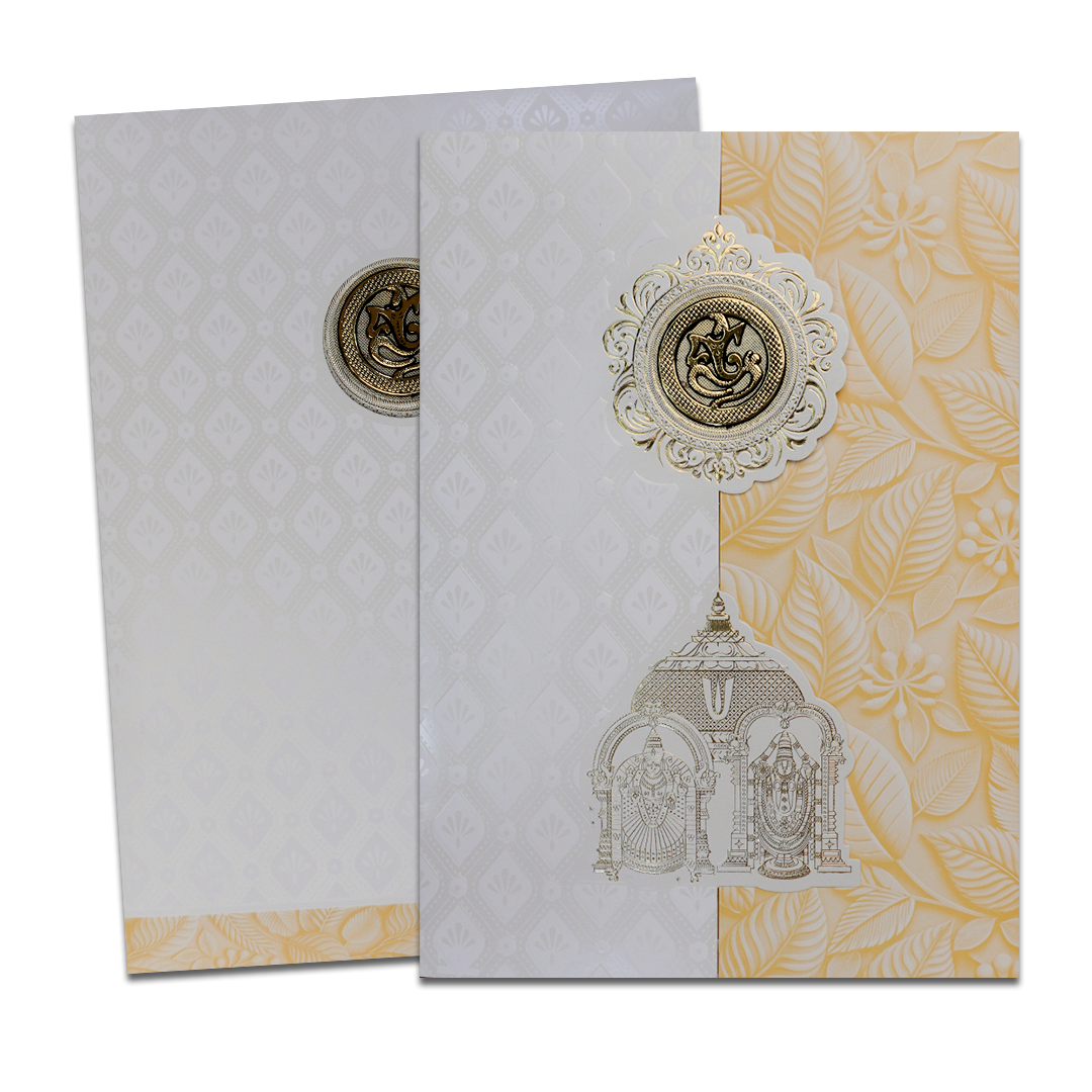White Pastel Yellow Ganesha Temple Wedding Card-KNA2401Y