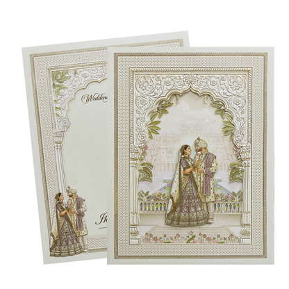 Cream Padded Laser Cut Heritage Couple Wedding Card-KMMEX8170