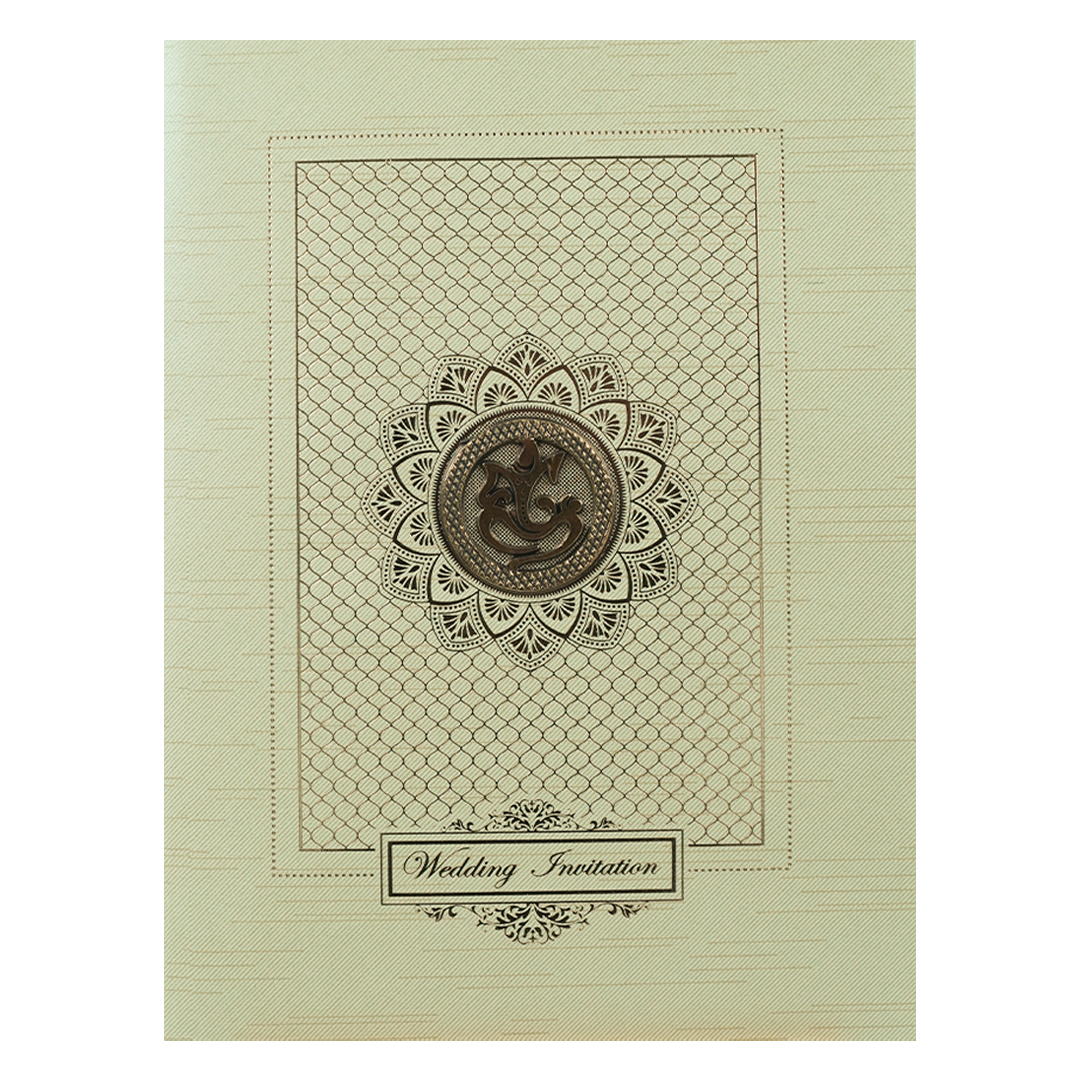 Green Ganesha Lotus Embossed Wedding Card-KNRM7085N