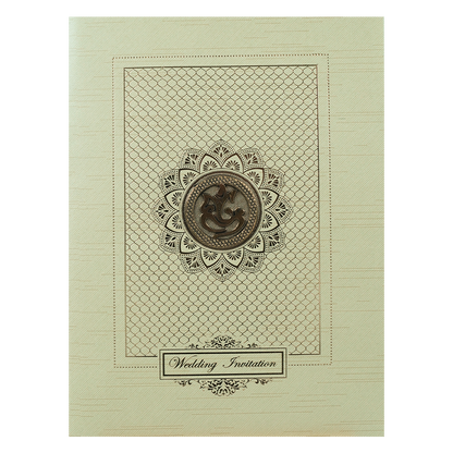 Green Ganesha Lotus Embossed Wedding Card-KNRM7085N