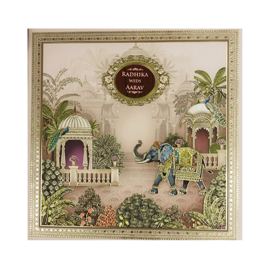 Cream Elephant Palace Padded Wedding Card-KSH72620