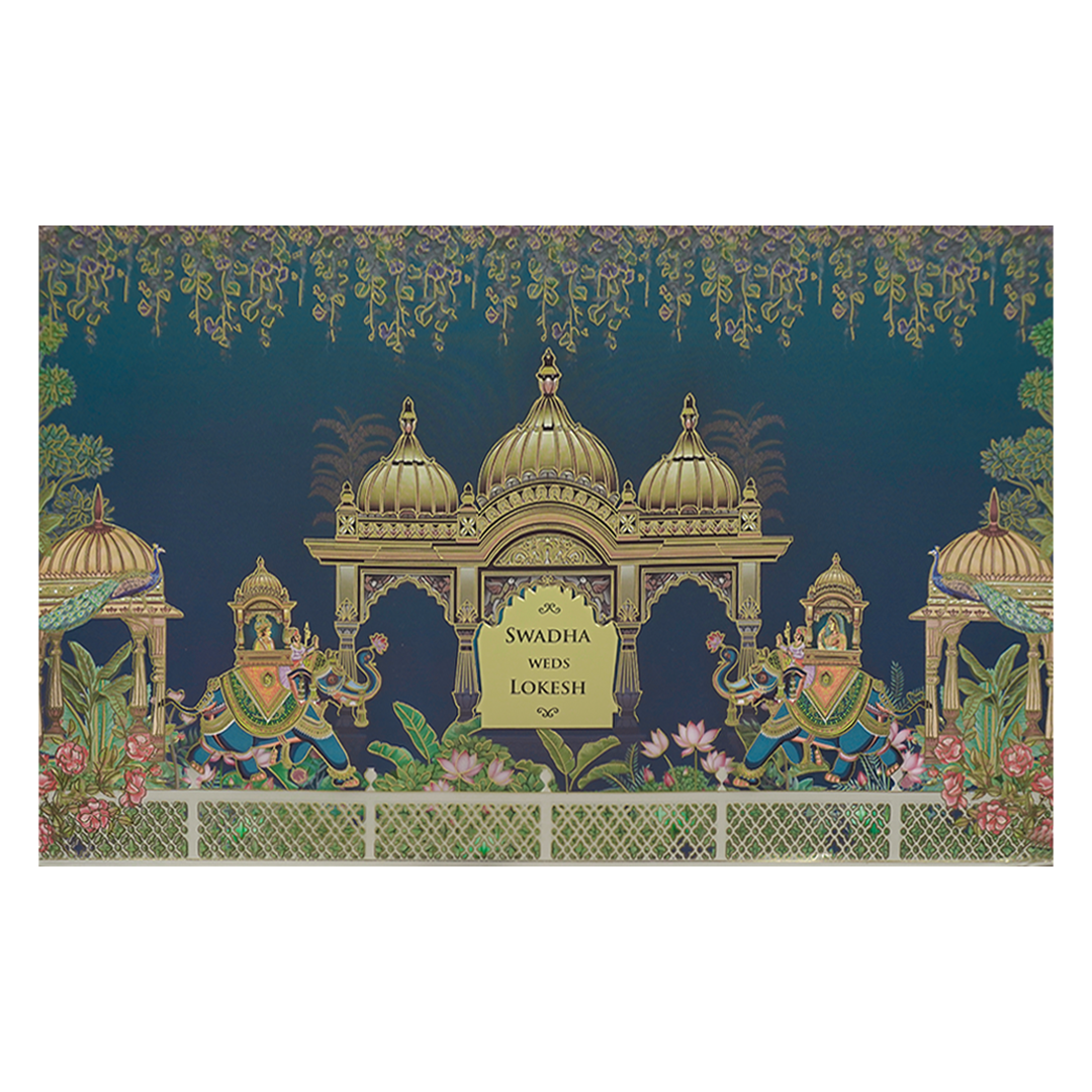 Check out this royal blue padded wedding card at best price.WhatsApp Support |Express Delivery.