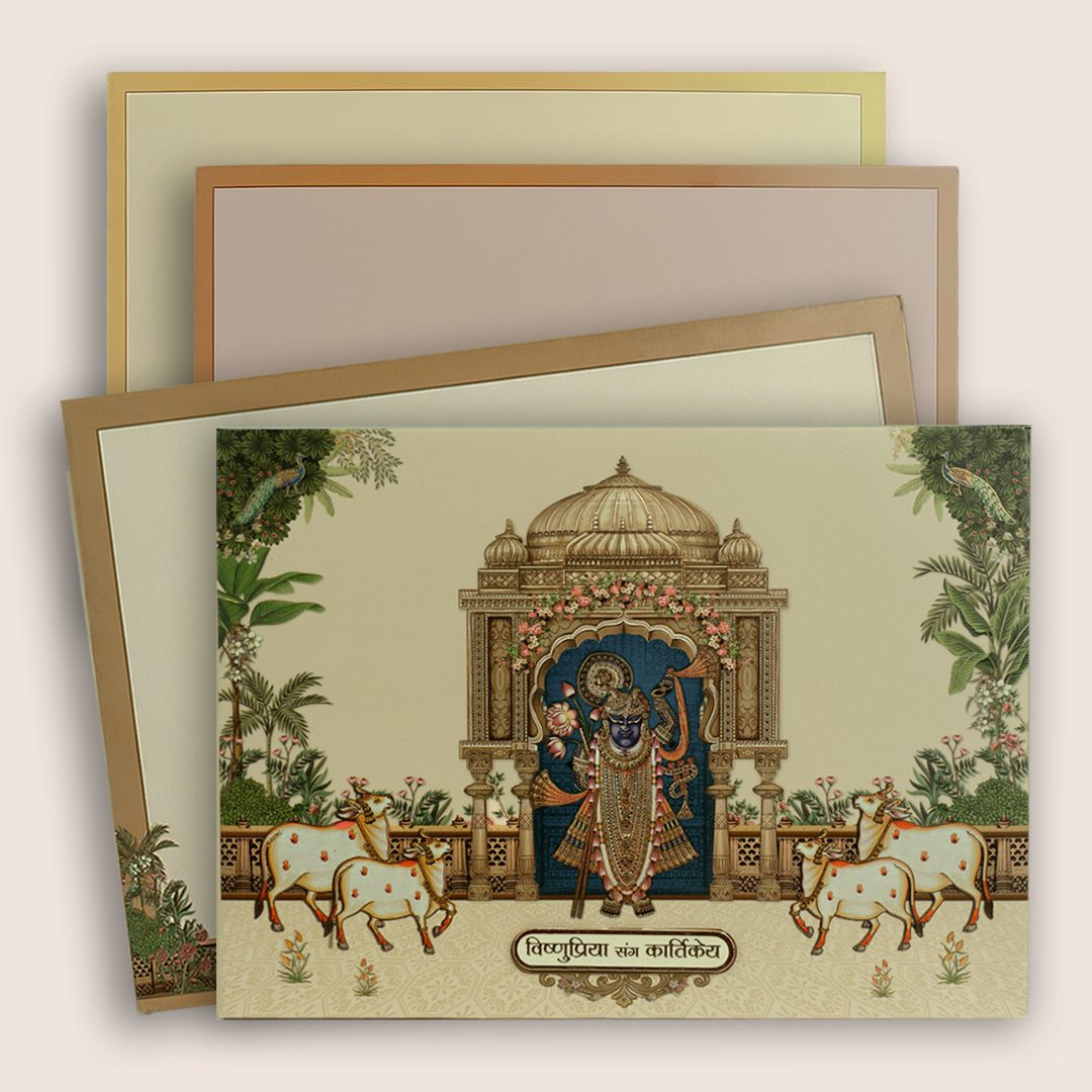 Beige Lord Shrinathji Floral Padded Wedding Card - KAA06140
