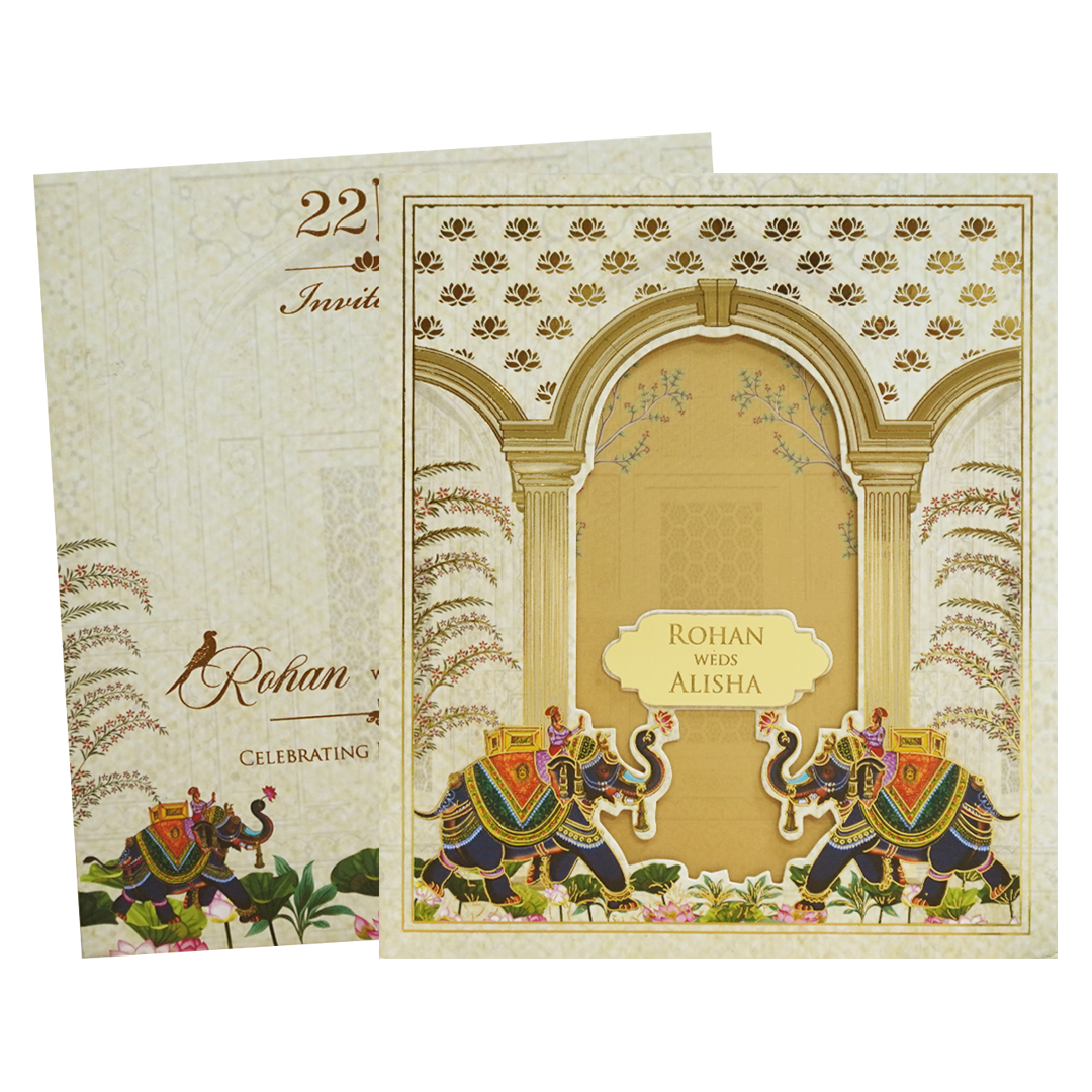 Gold Cream Royal Elephant Arch Wedding Card - KFR16370