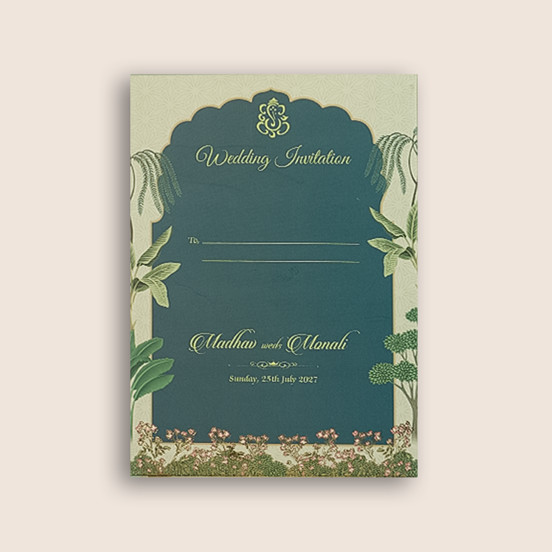 Navy Blue Floral Door  Style Padded Invitation Card - KJTS3676