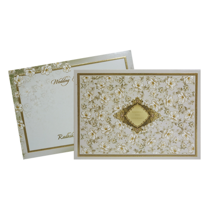 Grey Cream Floral Embossed Laser Cut Padded Wedding Card -KMMWD1143