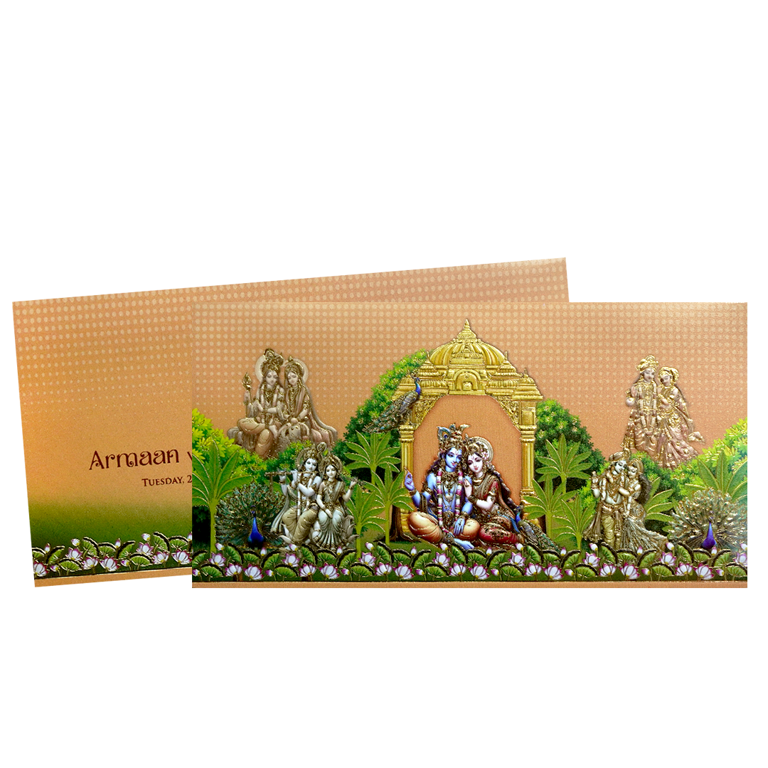 Peach Gold Embossed Radha Krishna Wedding Invitation Card-KPR06470