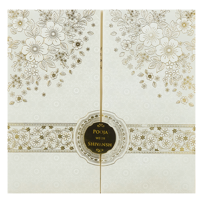White Floral Embossed Padded Wedding Card-KRE26490