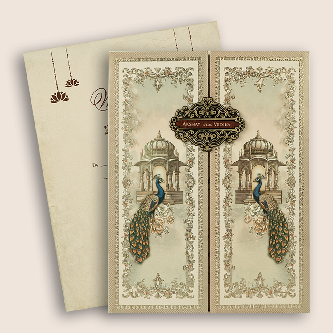 Beige Peacock Door Style Padded Wedding Invitation - KSH73730