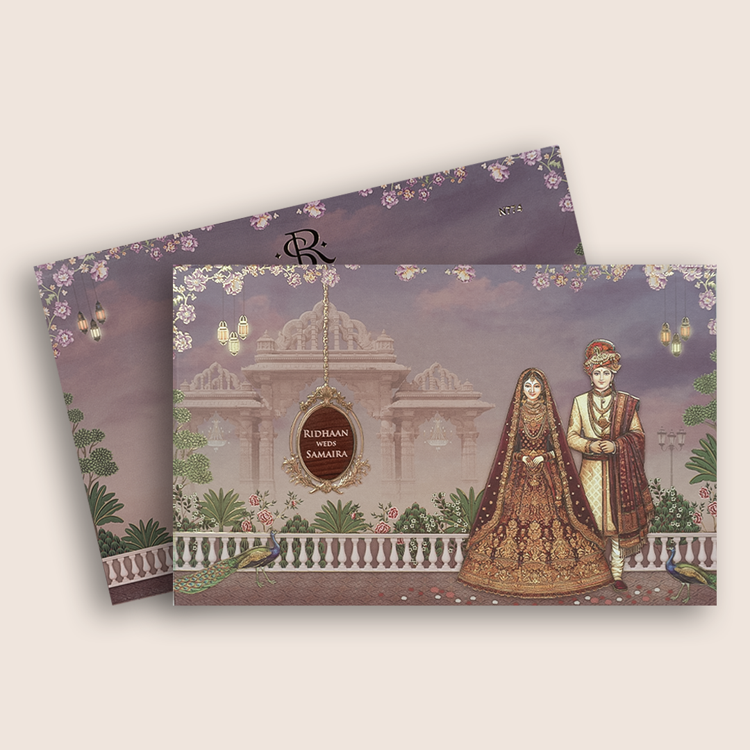 Purple Embossed Bride Groom Padded Wedding Card - KVN07740